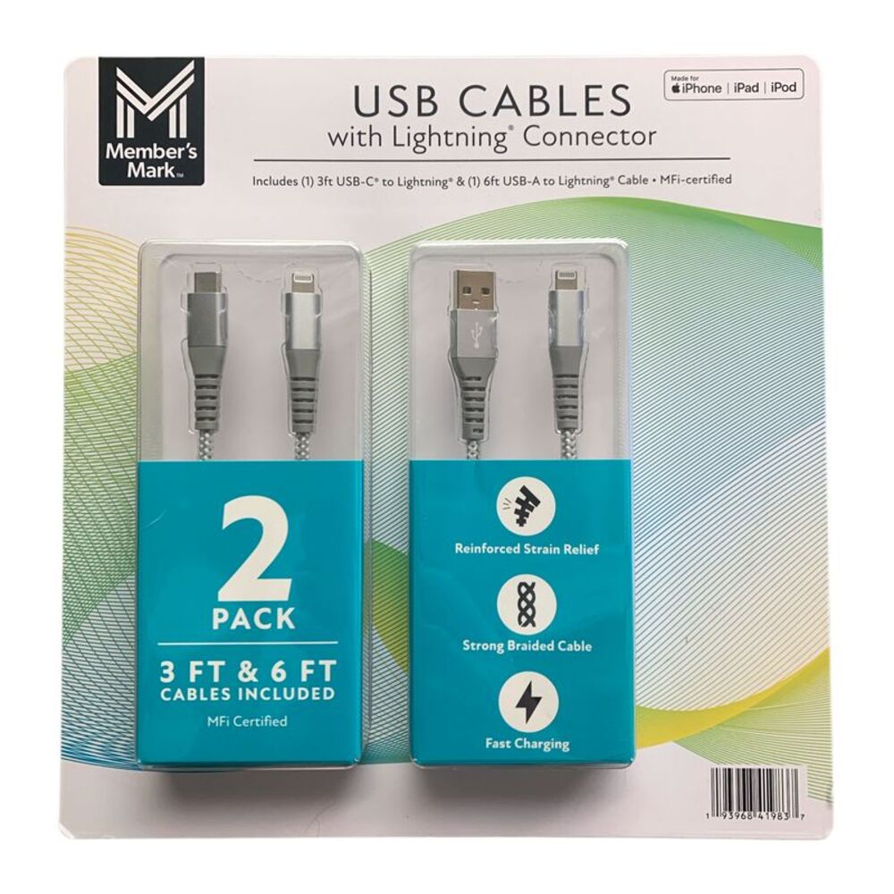 Member's Mark Apple USB-C & USB-A Braided Cables, 2-Pack, 3ft. & 6ft.